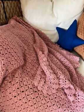 Prairie Handknit blush rose pink crochet throw blanket soft cozy cabin vibes